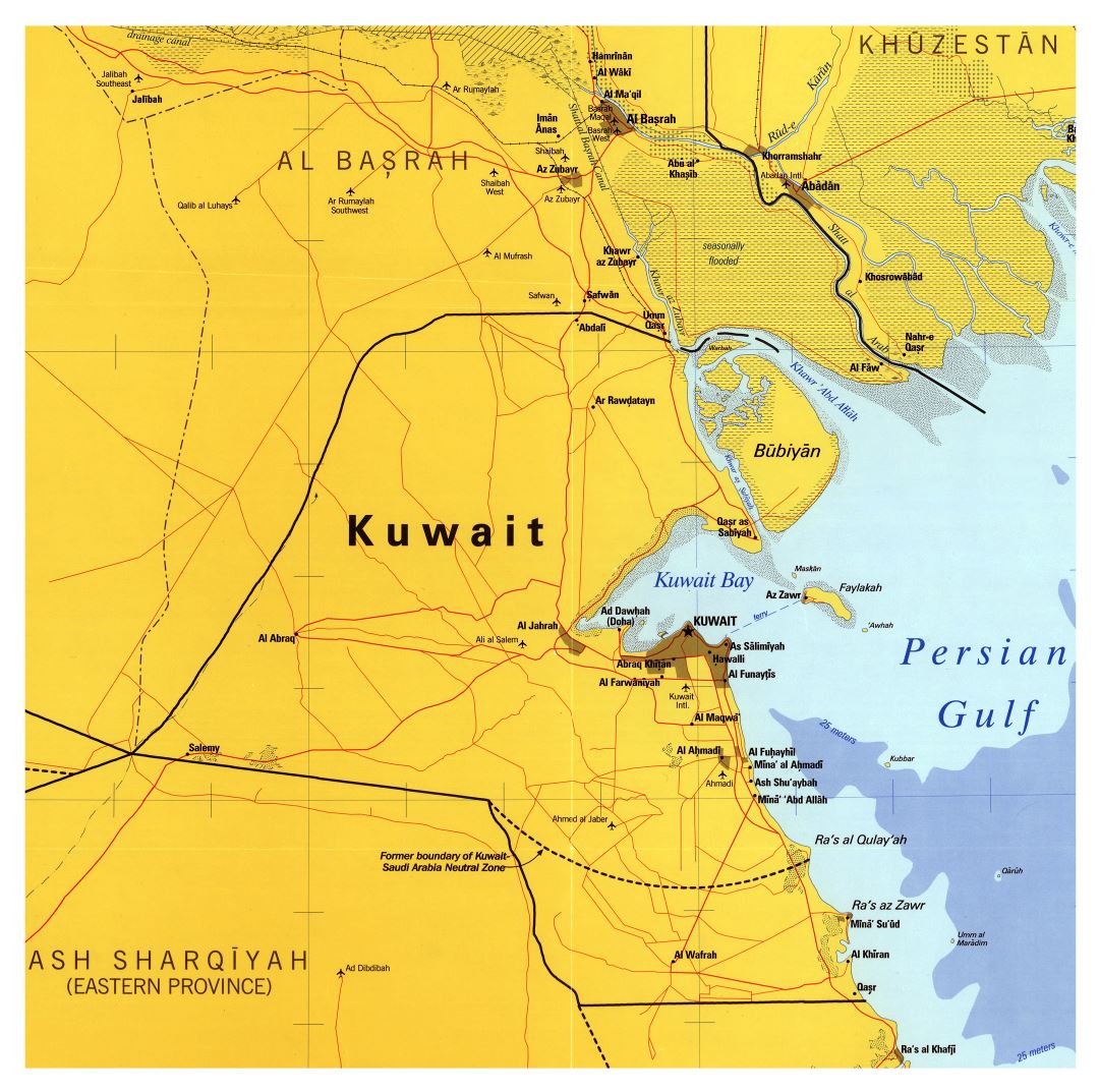 A gran escala mapa de Kuwait con carreteras, ciudades y aeropuertos