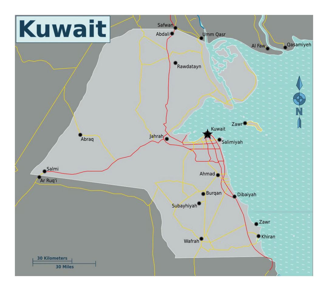 Detallado mapa de Kuwait con carreteras