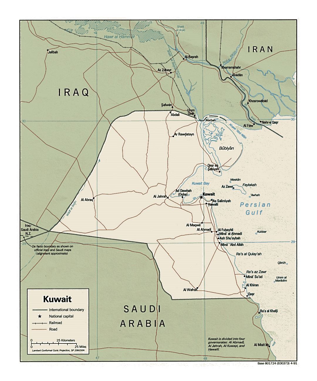 Detallado mapa político de Kuwait con carreteras, ferrocarriles y ciudades - 1991