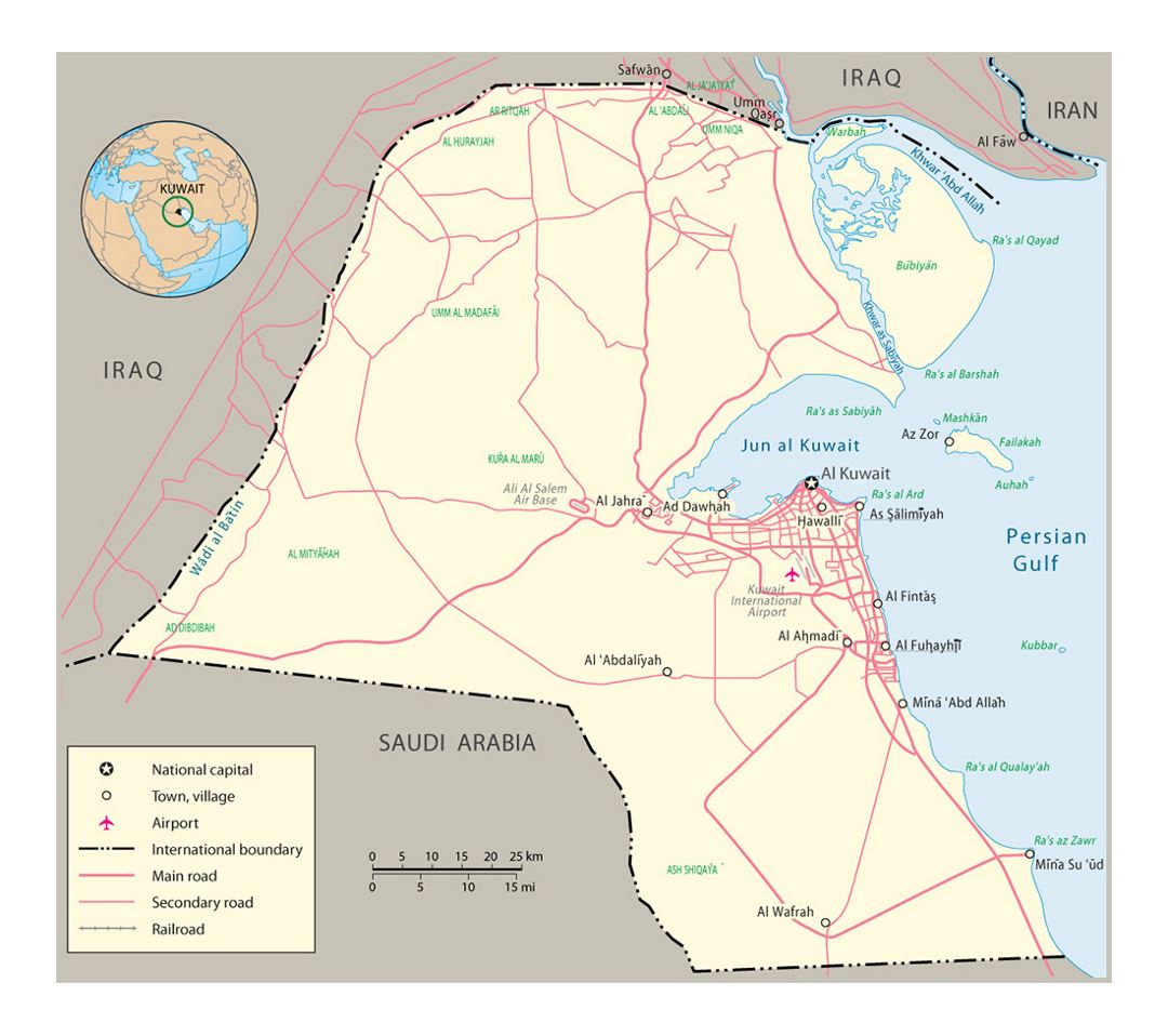 Detallado mapa político de Kuwait con carreteras y ciudades