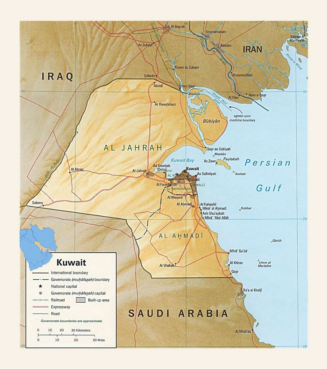 Detallado mapa político y administrativo de Kuwait con relieve