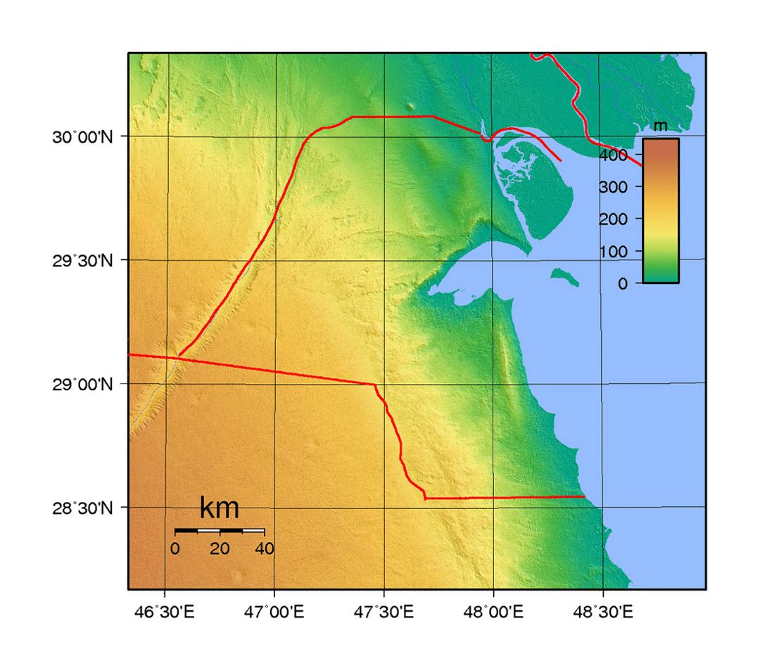 Detallado mapa topográfico de Kuwait