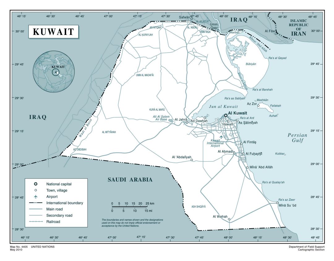 Grande detallado mapa político de Kuwait con carreteras, aeropuertos y ciudades
