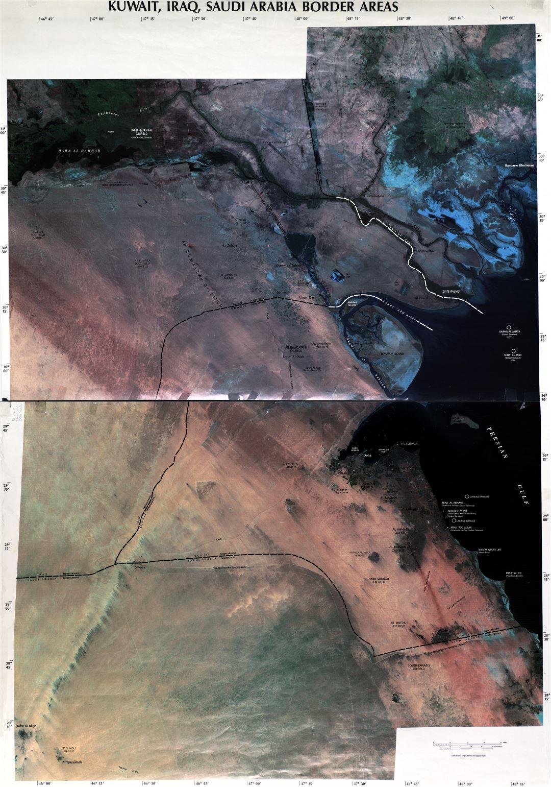 Grande detallado mapa satelital de las áreas fronterizas de Kuwait, Iraq y Arabia Saudita - 2003