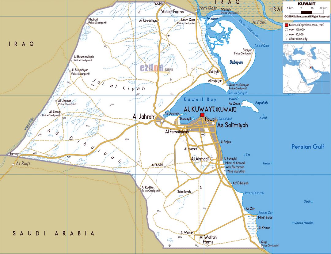Grande mapa de carreteras de Kuwait con ciudades y aeropuertos