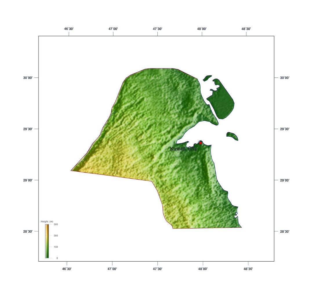 Grande mapa de elevación de Kuwait