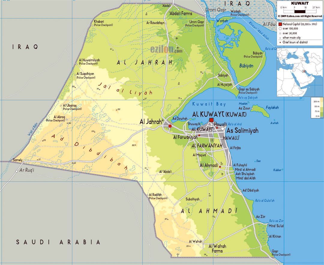 Grande mapa físico de Kuwait con carreteras, ciudades y aeropuertos