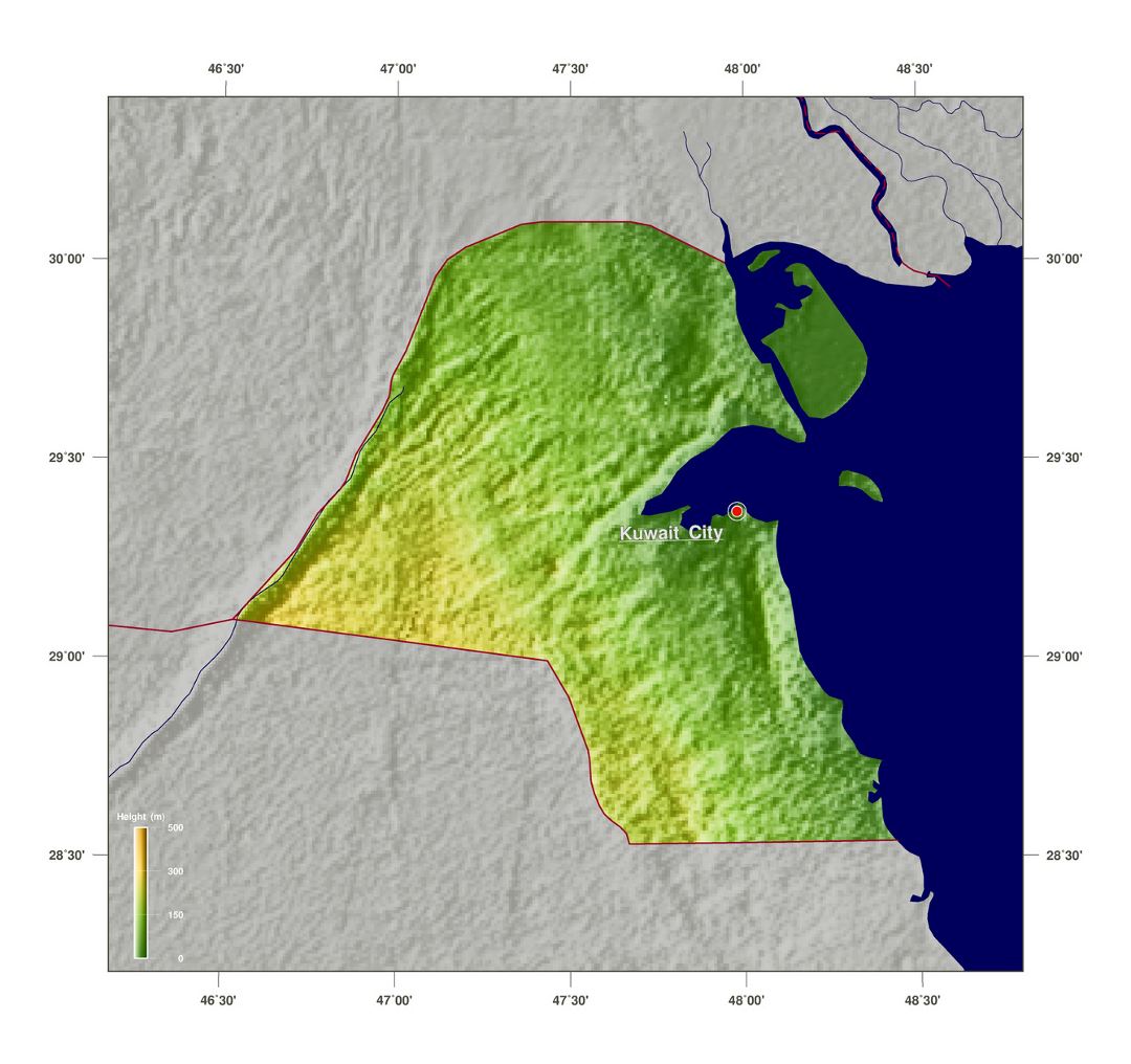 Grande mapa físico de Kuwait