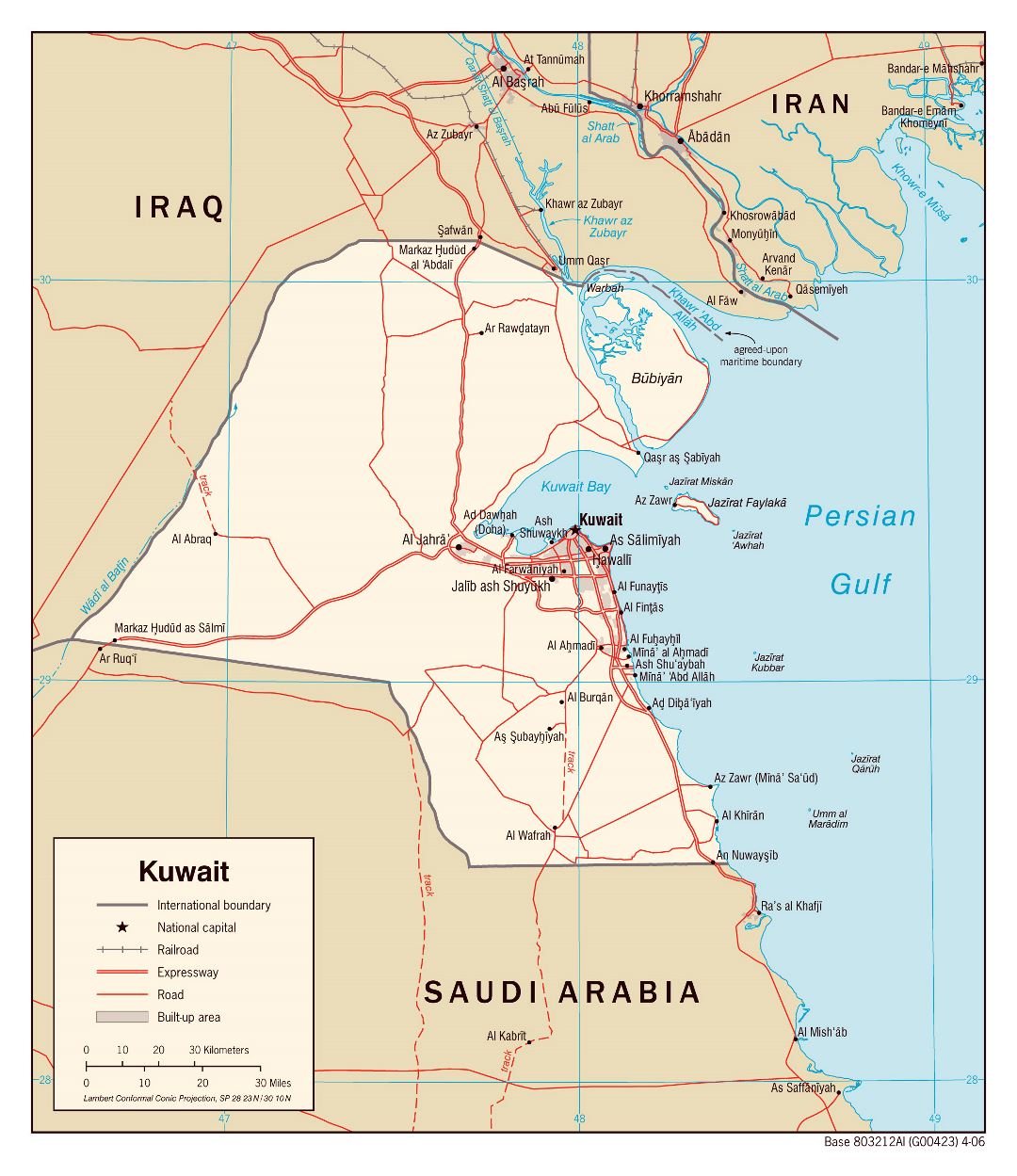 Grande mapa político de Kuwait con carreteras, ferrocarriles y ciudades - 2006