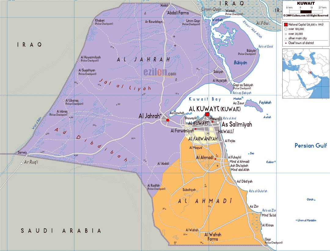 Grande mapa político y administrativo de Kuwait con carreteras, ciudades y aeropuertos