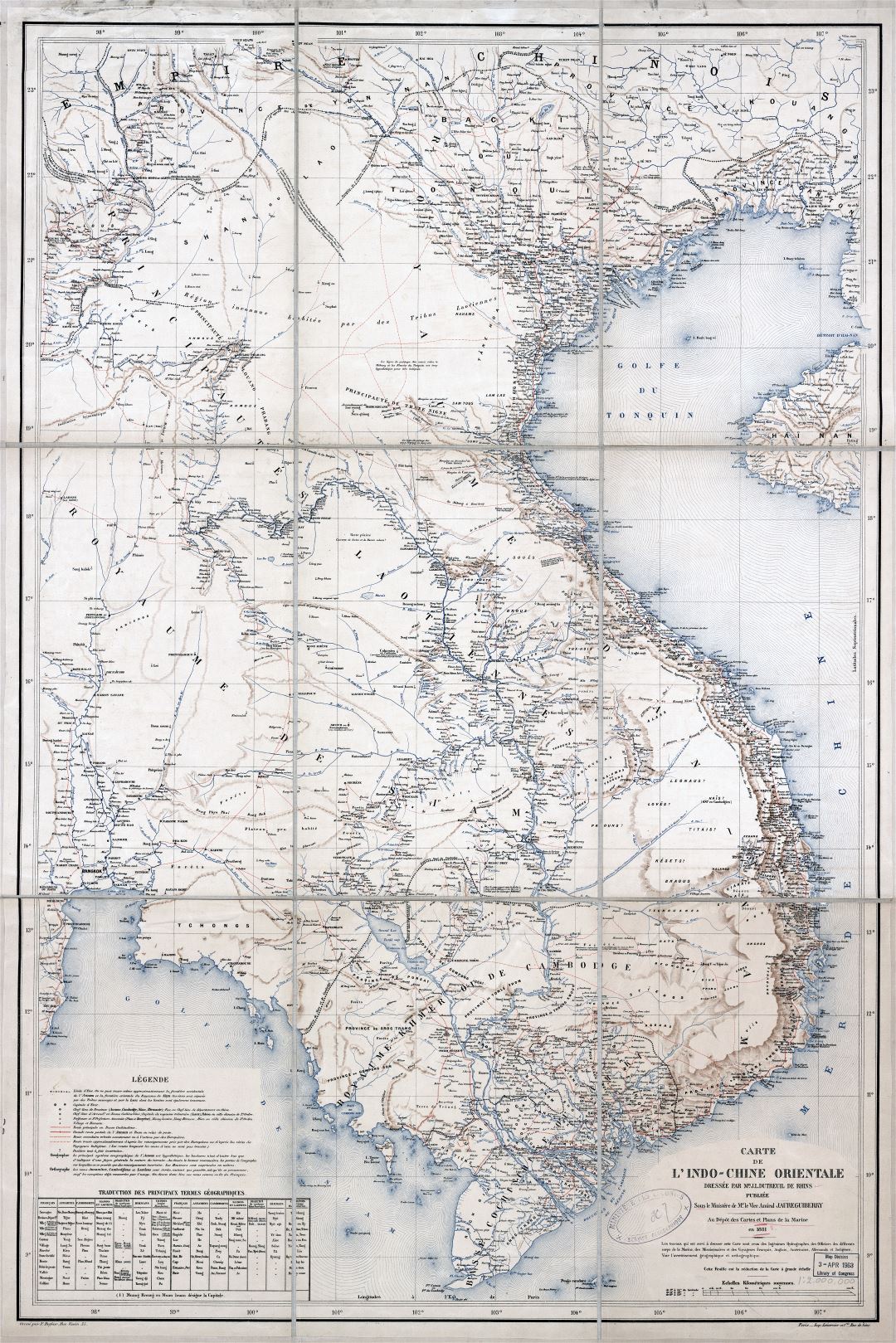 A gran escala detallado mapa antiguo de Indochina con relieve y otras marcas - 1881