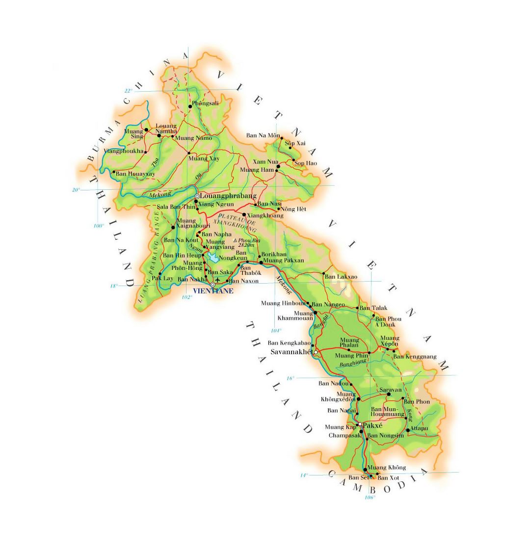 Detallado mapa de elevación de Laos con carreteras, ciudades y aeropuertos