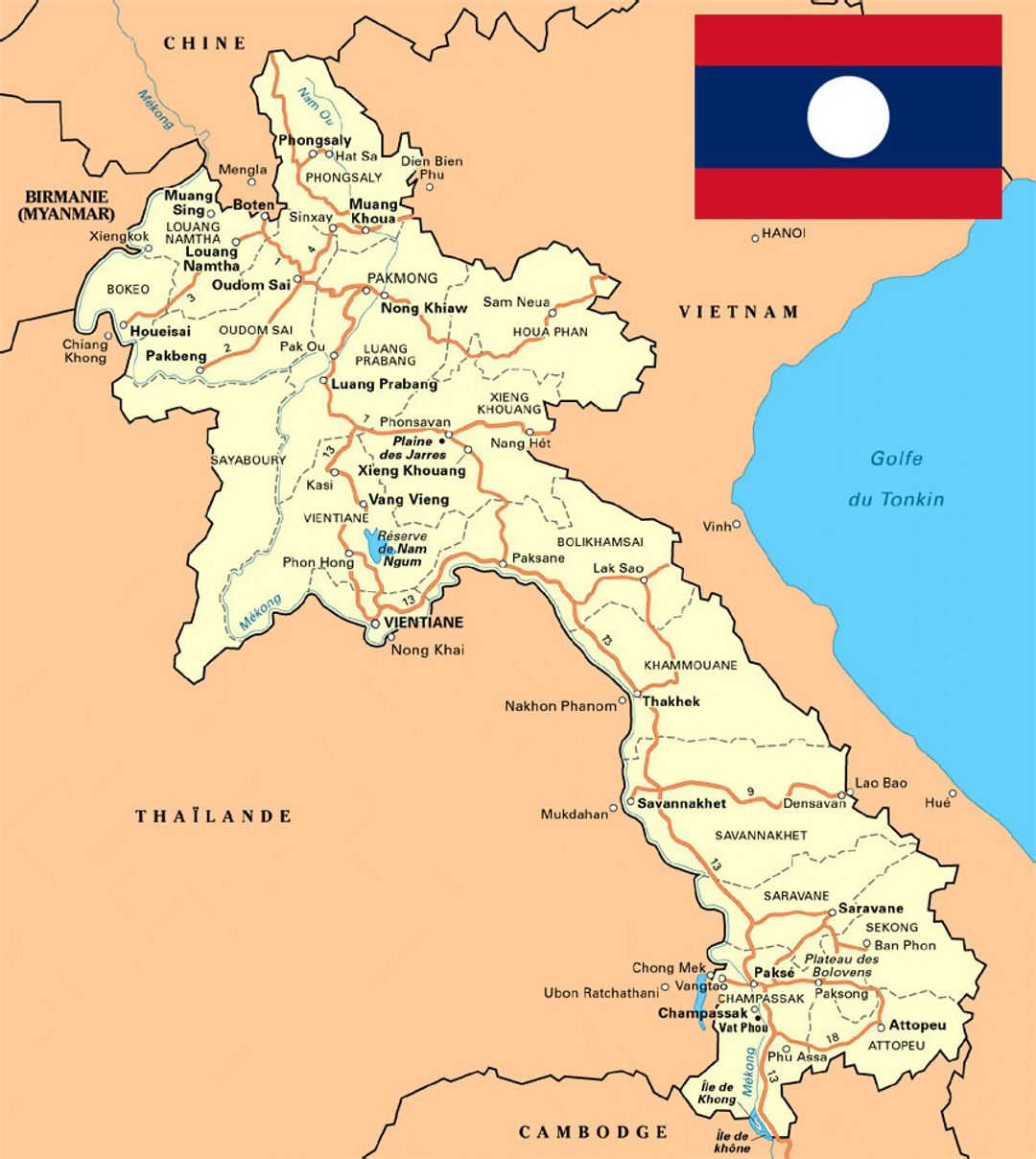 Detallado mapa de Laos con carreteras, ciudades y otras marcas