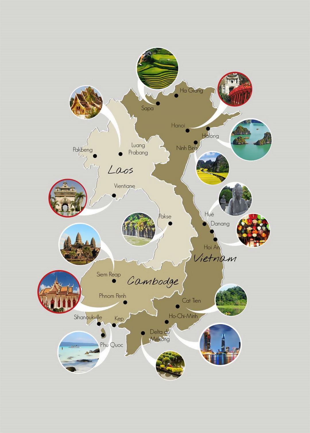 Detallado mapa de puntos de interés de Laos, Vietnam y Cambodge