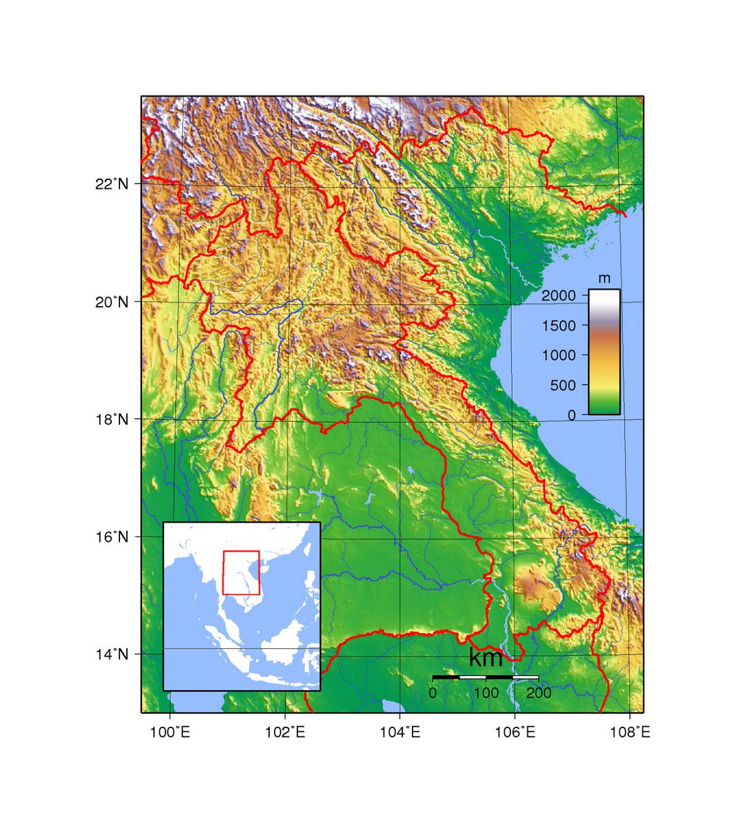Detallado mapa topográfico de Laos