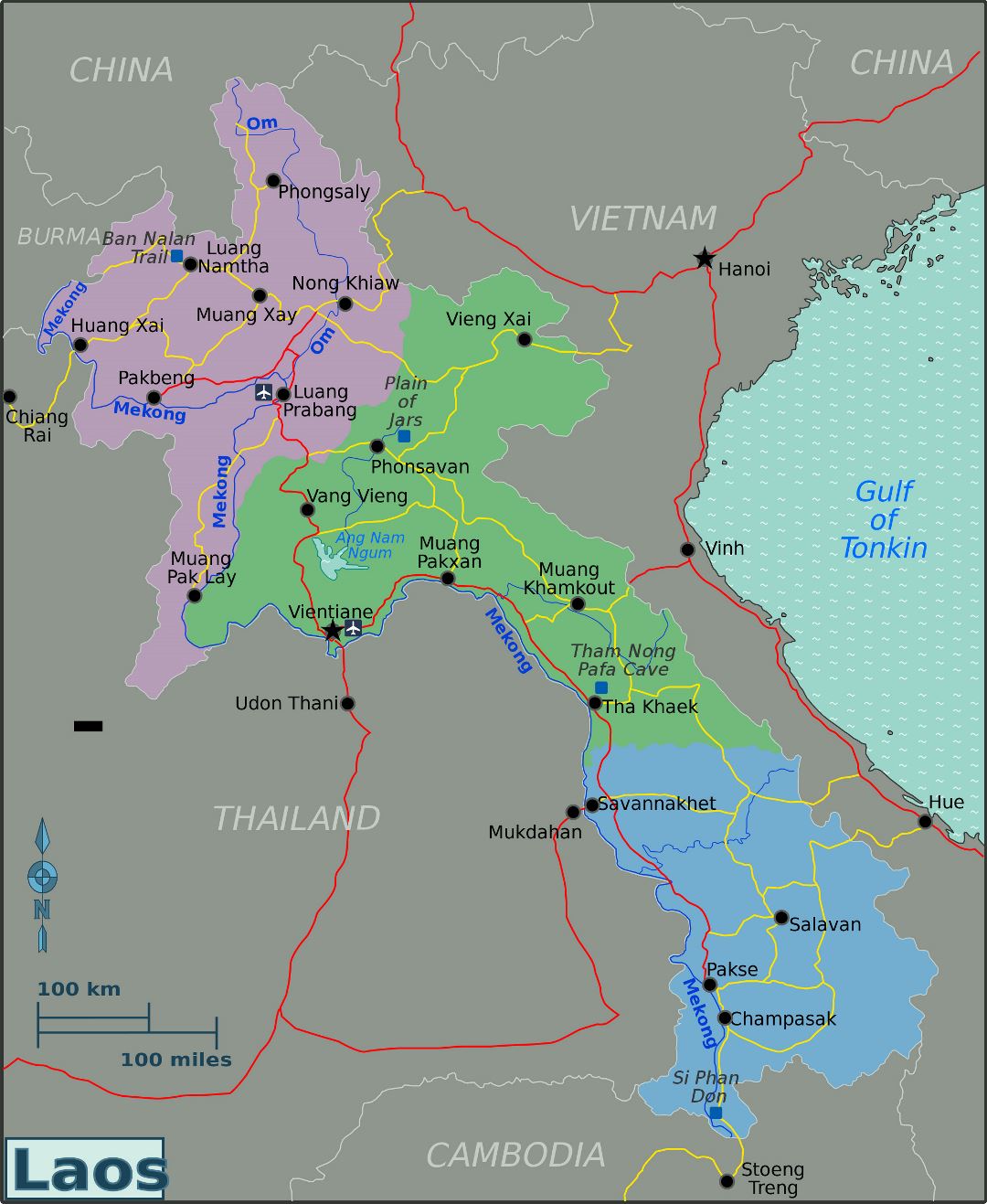 Grande mapa de regiones de Laos