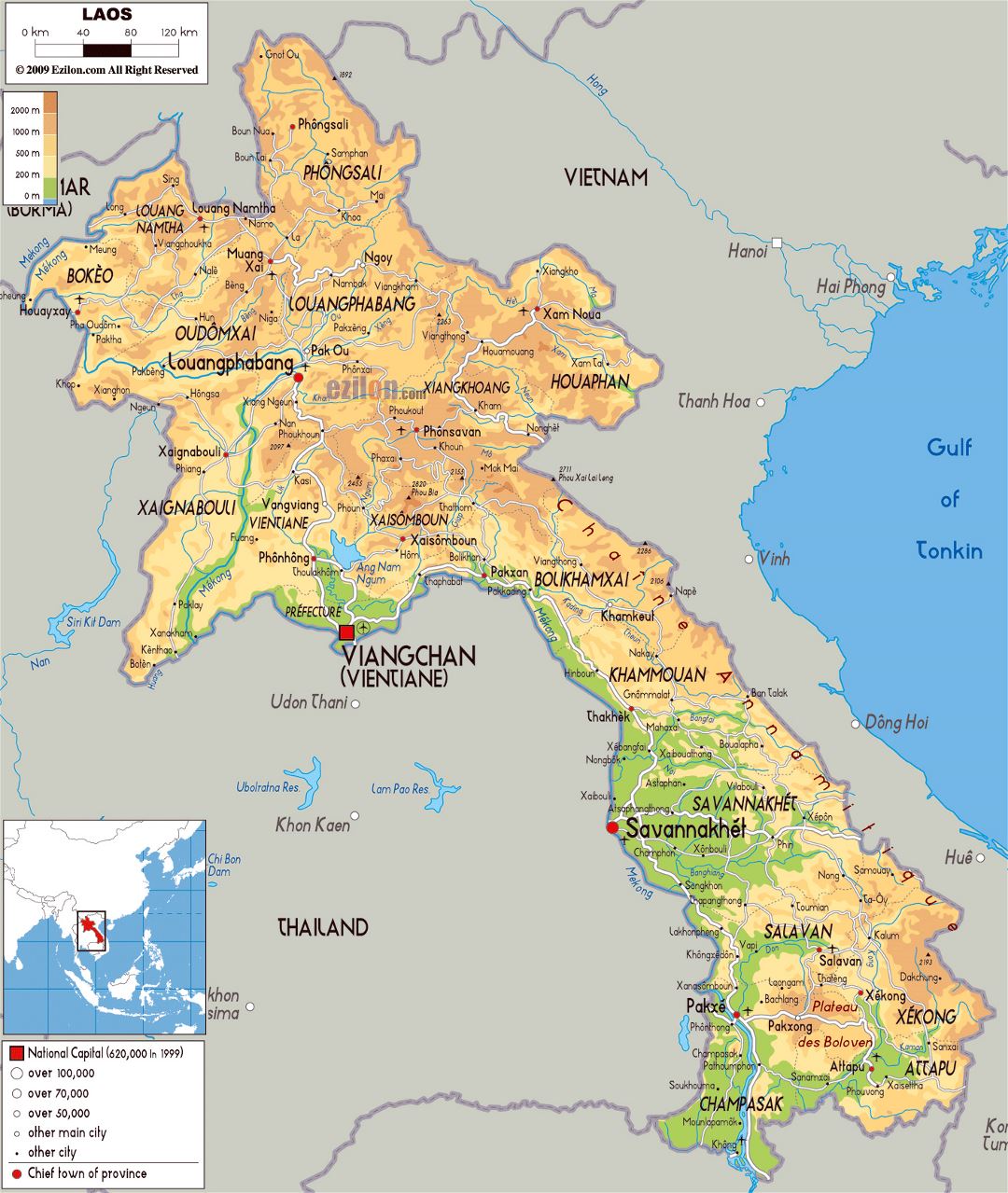 Grande mapa físico de Laos con carreteras, ciudades y aeropuertos