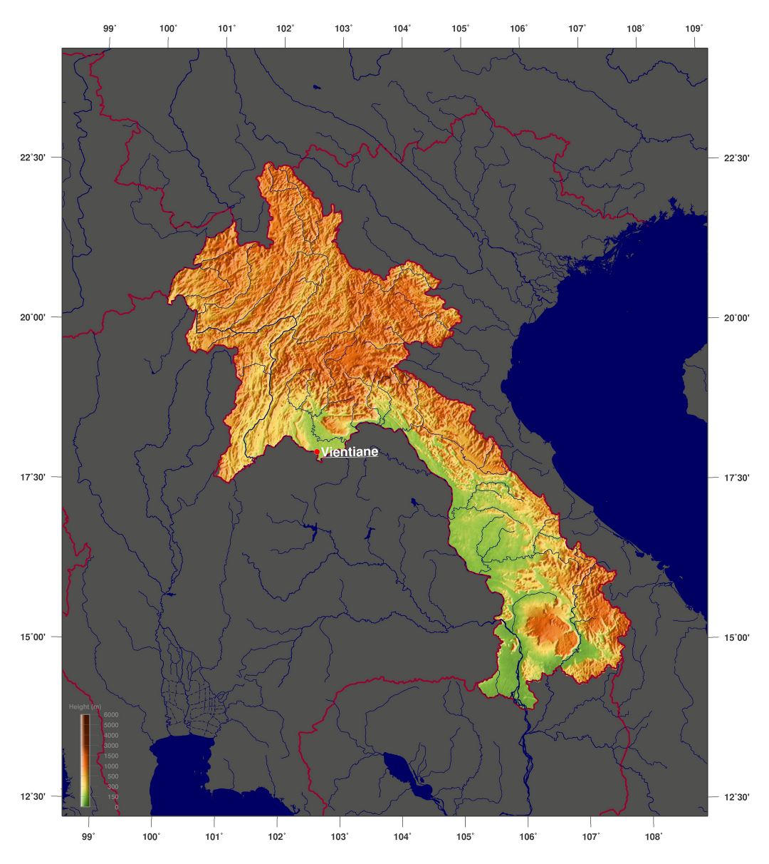 Grande mapa físico de Laos