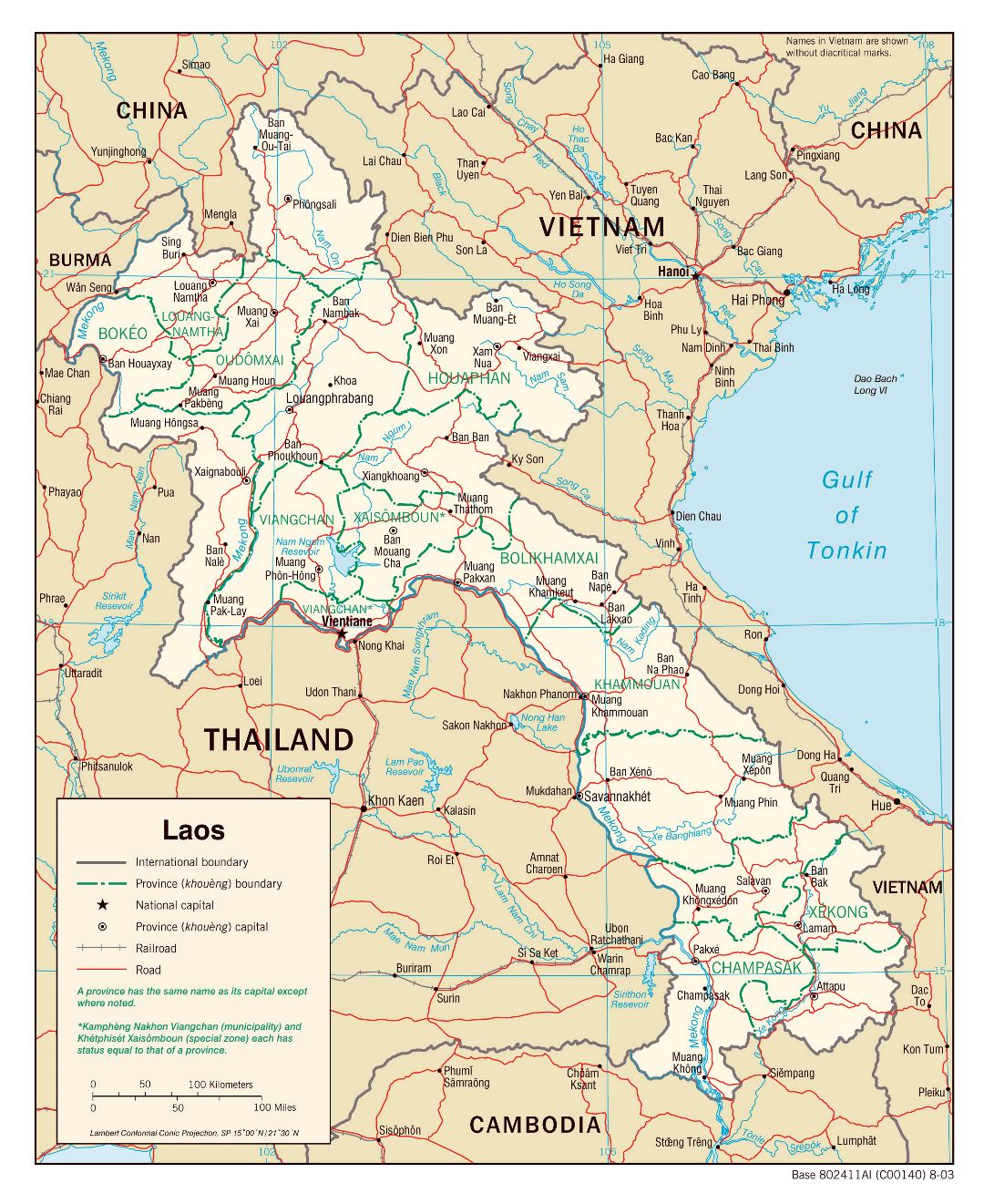 Grande mapa político y administrativo de Laos con carreteras, ferrocarriles y principales ciudades - 2003