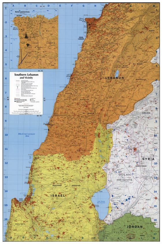 A gran escala detallado mapa del sur de Líbano y alrededores con relieve y otras marcas - 1990