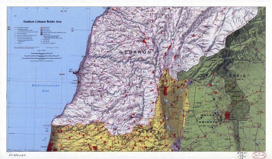A gran escala mapa de zona fronteriza del sur del Líbano con relieve y otras marcas - 1986