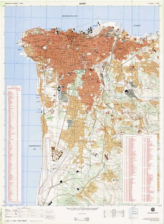 A gran escala detallado mapa de carreteras de ciudad de Beirut con nombres de calles - 1978