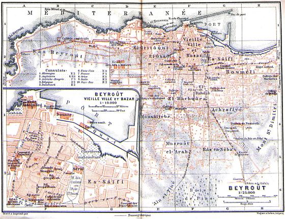 Detallado mapa antiguo de ciudad de Beirut - 1912