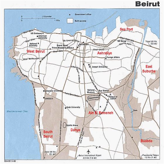 Detallado mapa de ciudad de Beirut - 1990
