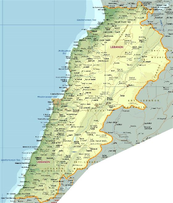 Detallado mapa de elevación del Líbano con carreteras, ferrocarriles y todas ciudades