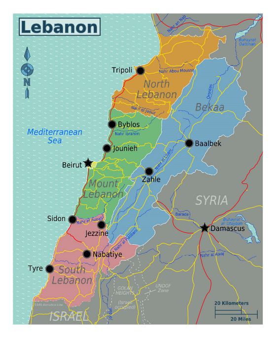 Detallado mapa de regiones del Líbano