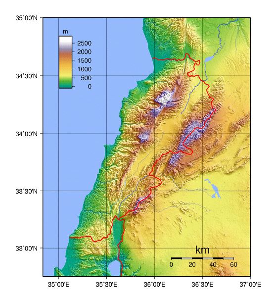 Detallado mapa físico del Líbano