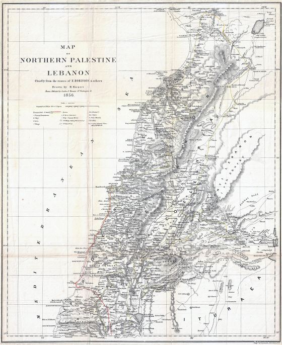 Grande detallado mapa antiguo del Norte de Palestina y Líbano - 1856