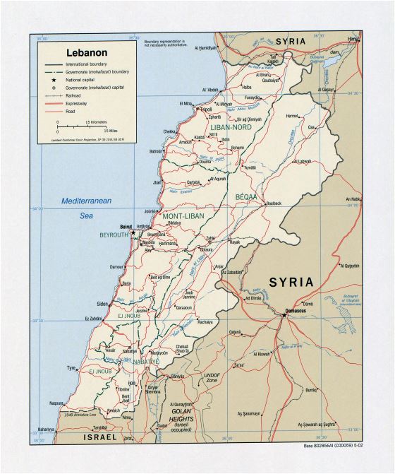 Grande detallado mapa político y administrativo del Líbano con carreteras, ferrocarriles y principales ciudades - 2002