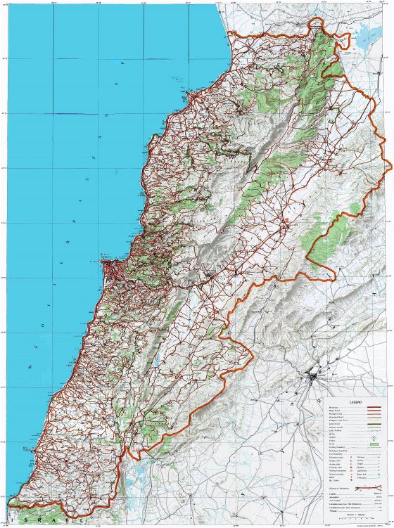 Grande detallado mapa topográfico del Líbano con otras marcas