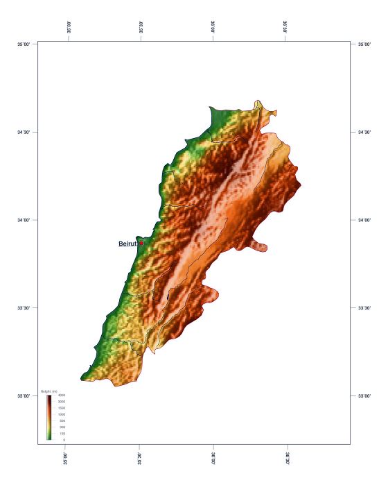 Grande mapa de elevación del Líbano