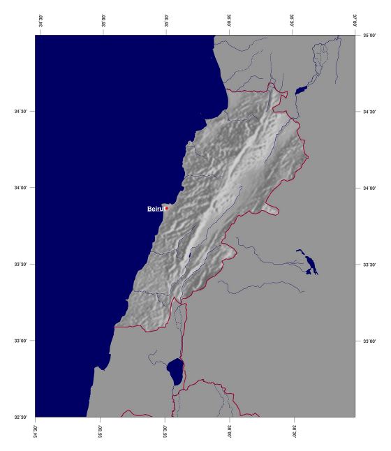 Grande mapa en relieve sombreado del Líbano