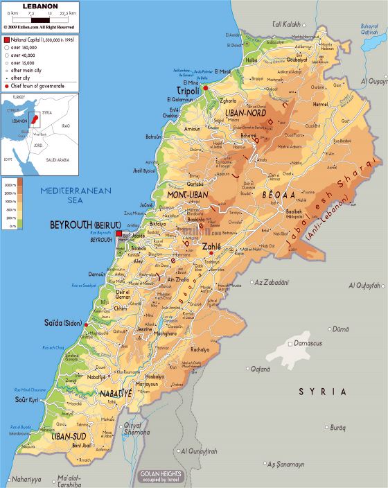 Grande mapa físico del Líbano con carreteras, ciudades y aeropuertos