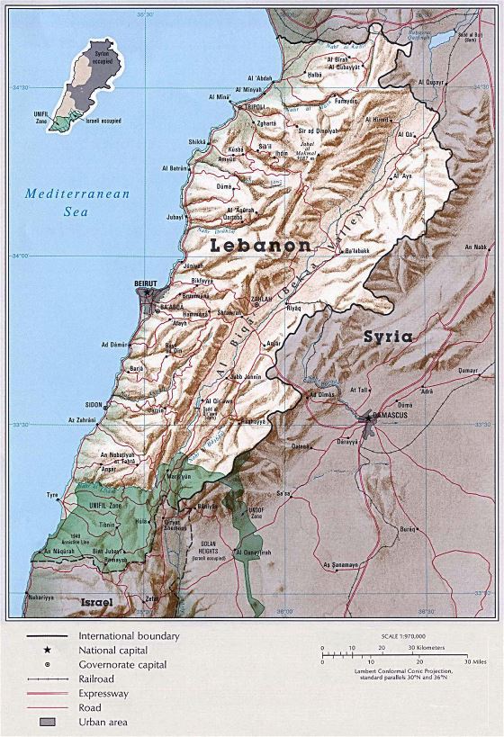 Grande mapa político del Líbano con relieve, carreteras, ferrocarriles y ciudades - 1993