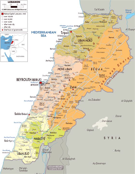 Grande mapa político y administrativo del Líbano con carreteras, ciudades y aeropuertos