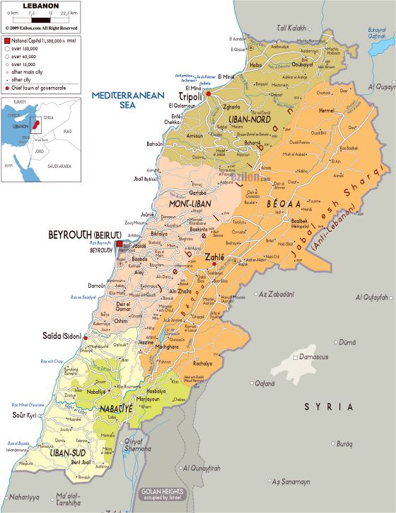 Grande mapa político y administrativo del Líbano con carreteras, ciudades y aeropuertos