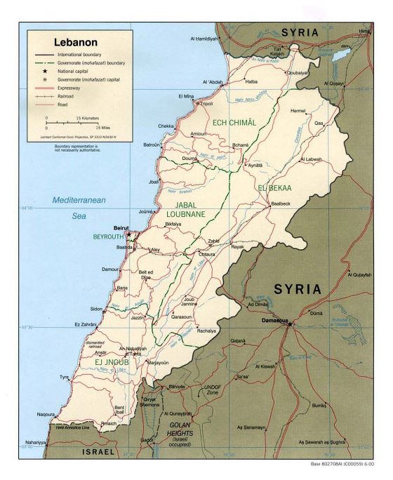 Grande mapa político y administrativo del Líbano con carreteras, ferrocarriles y principales ciudades - 2000