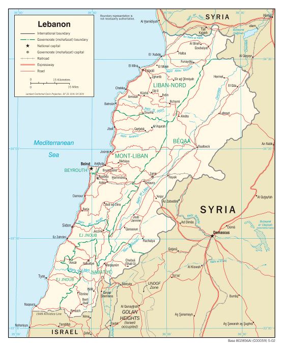 Grande mapa político y administrativo del Líbano con carreteras, ferrocarriles y principales ciudades - 2002