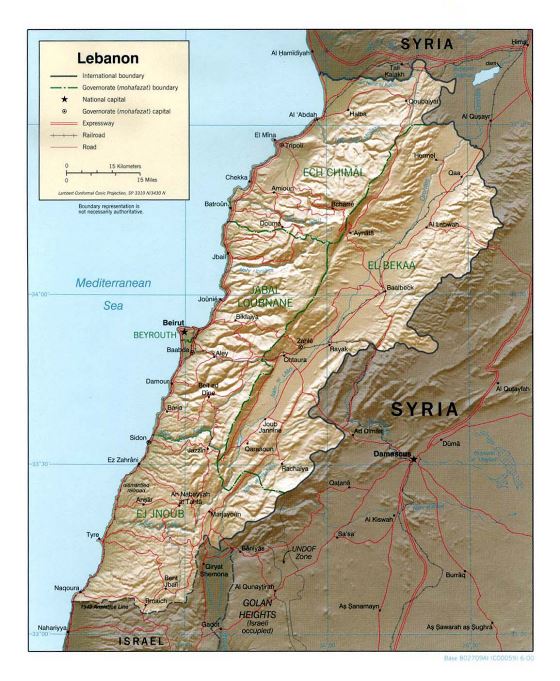 Grande mapa político y administrativo del Líbano con relieve, carreteras, ferrocarriles y principales ciudades - 2000