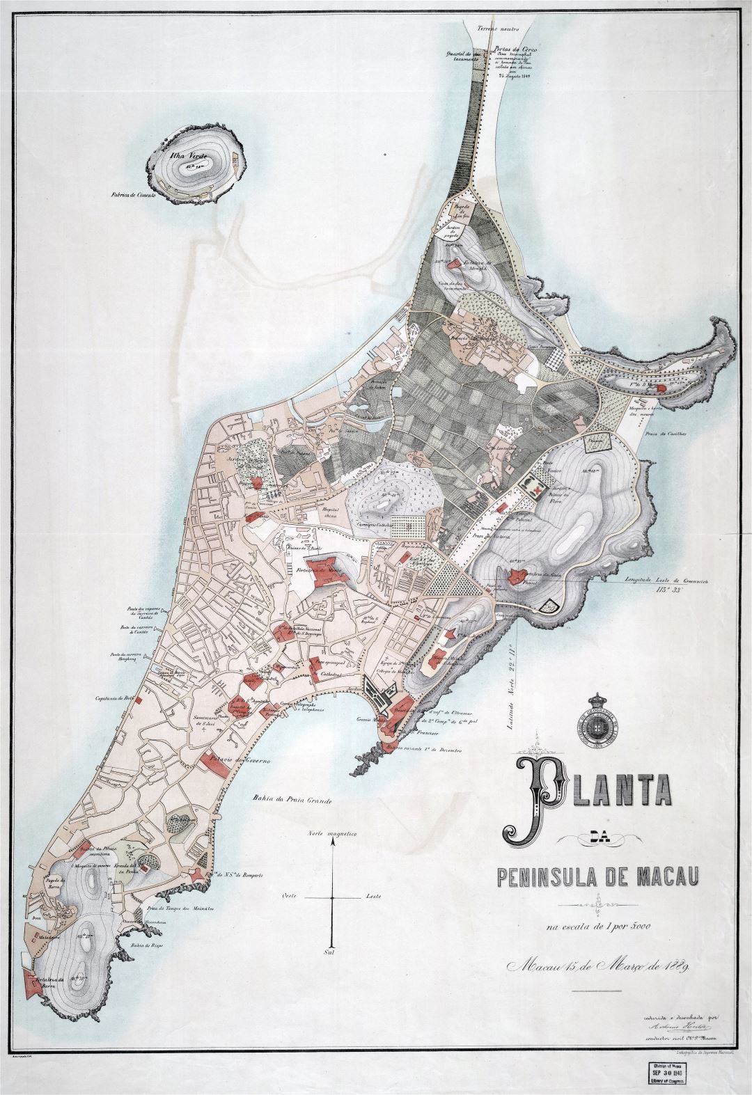 A gran escala detallado mapa antiguo de Macao - 1889