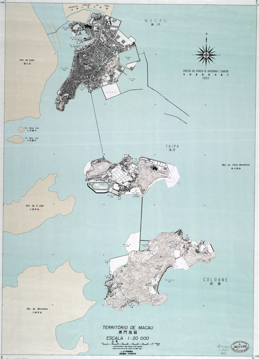 A gran escala detallado mapa de Macao - 1991