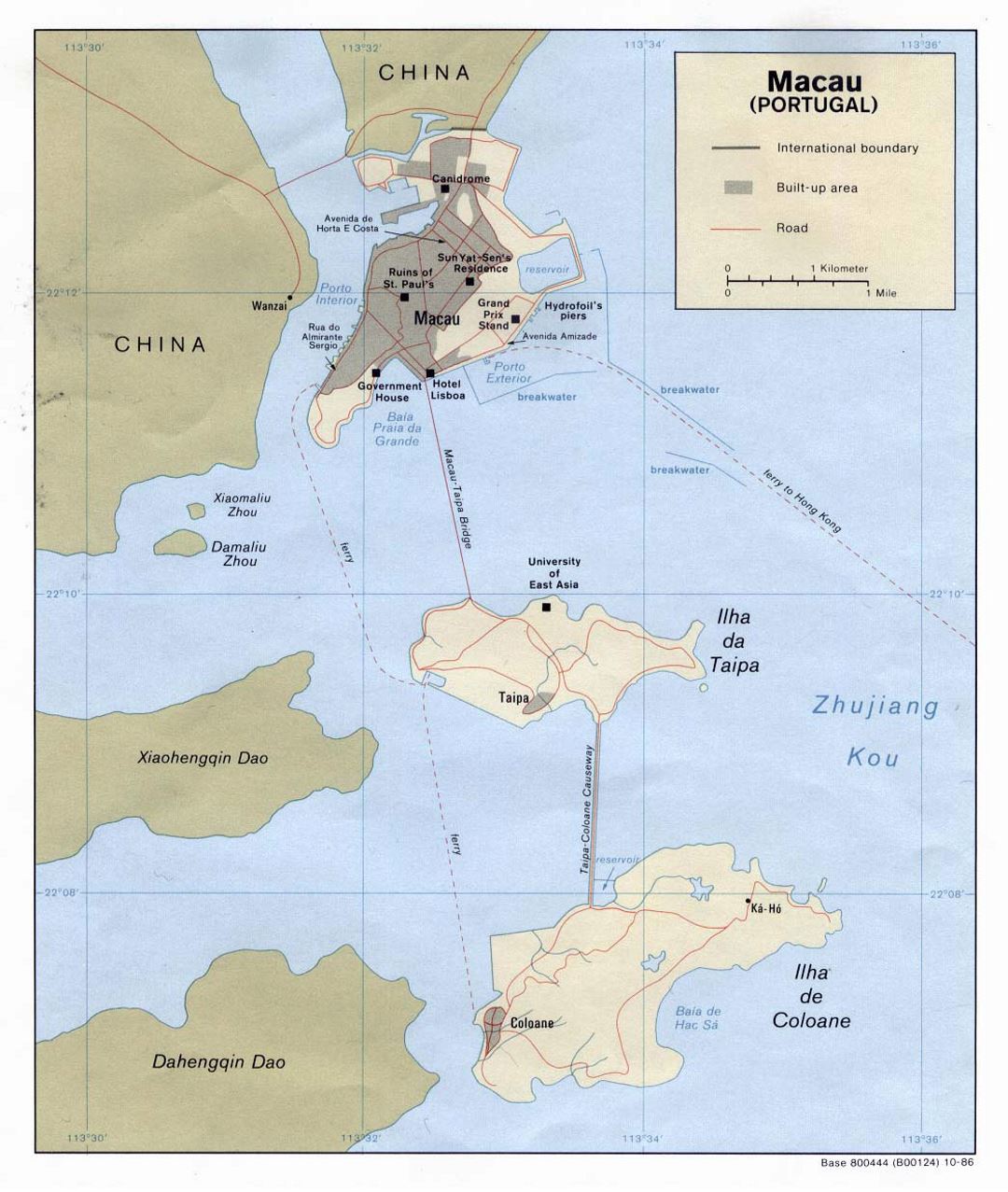 Detallado mapa político de Macao con carreteras y otras marcas - 1986