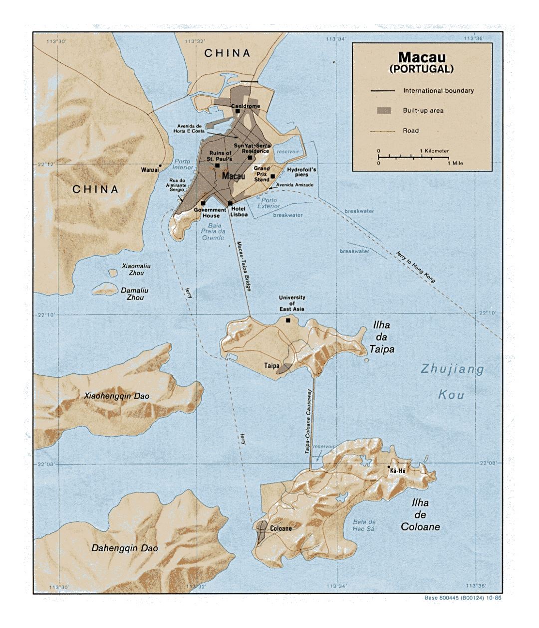 Detallado mapa político de Macao con relieve, carreteras y otras marcas - 1986