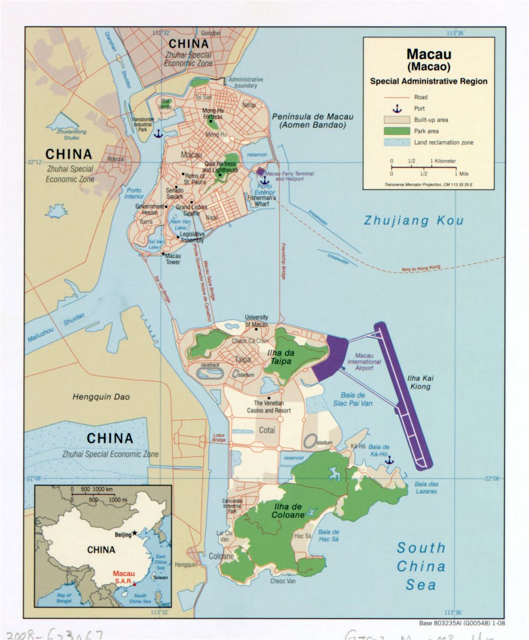 Grande detallado mapa político de Macao con carreteras, puertos y otras marcas - 2008