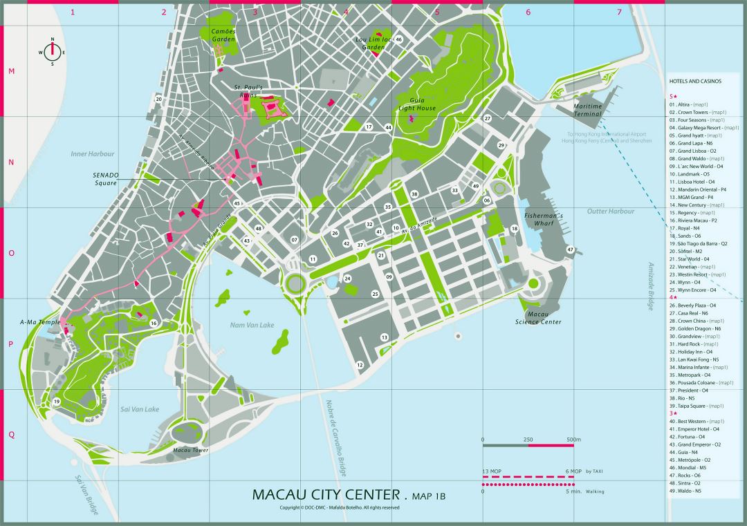Grande mapa de hoteles y casinos de la parte central de Macao