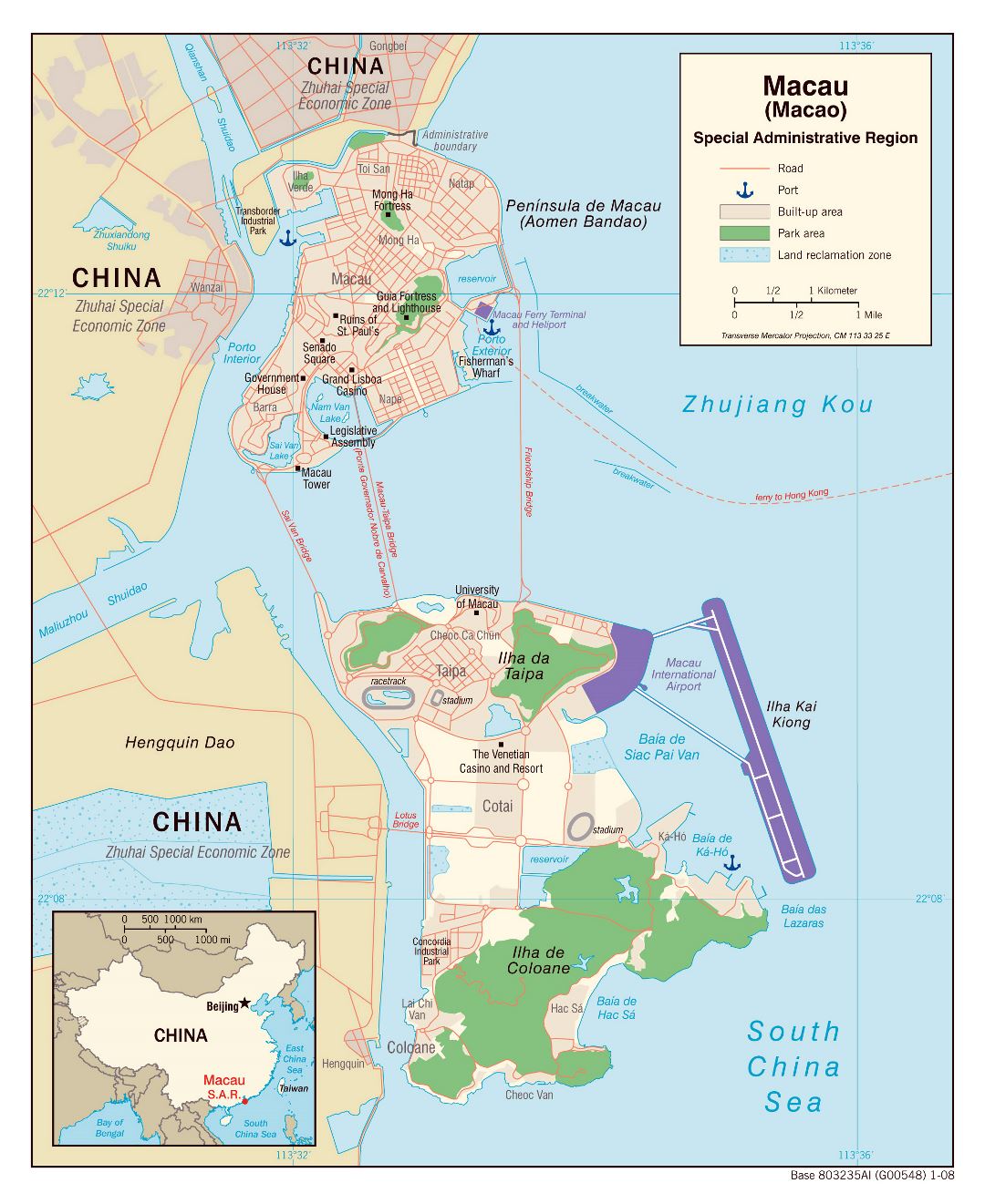 Grande mapa político de Macao con carreteras, puertos y otras marcas - 2008